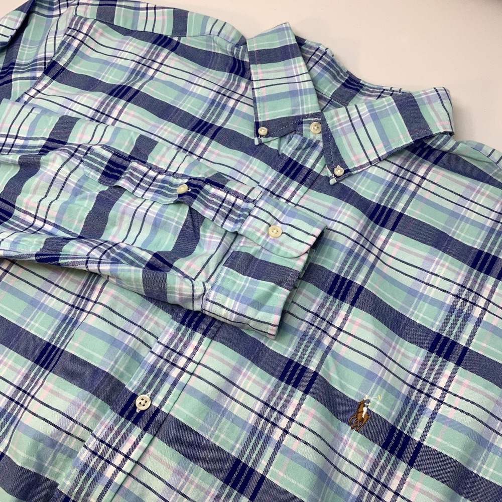 Ralph Lauren Mens 2XLT Tall Blue‎ Pink Plaid Button Down Shirt Cotton Classic